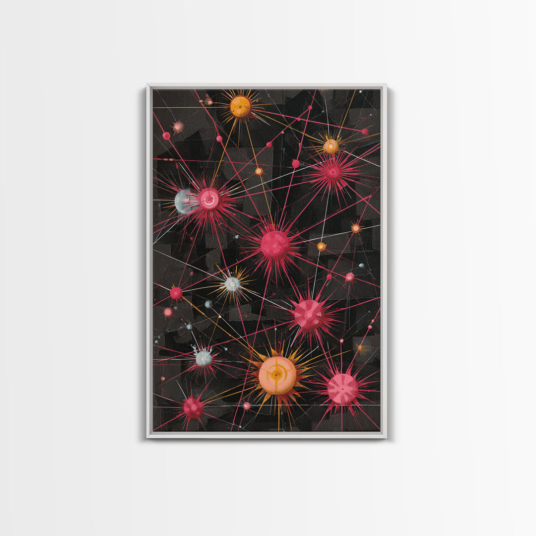 Atomic Pink Orange Network Wall Art, Midcentury Modern Abstract Print, Space Age Geometric Decor For Living Room Home Office