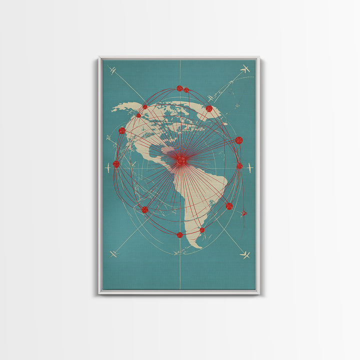 Retro Americas Flight Route Map Canvas Print, Midcentury Modern Travel Wall Decor, Teal Red Atomic Aviation Poster For Office