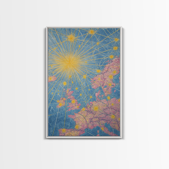 Europe Flight Route Map Canvas Print, Midcentury Modern Travel Wall Decor, Blue Pink Atomic Aviation Poster For Office Living Room