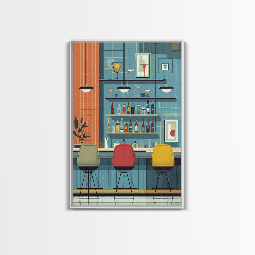 Colorful Retro Cocktail Bar With Three Chairs Canvas Print, Midcentury Modern Wall Decor, Bar Cart Art, Kitchen Poster Gift