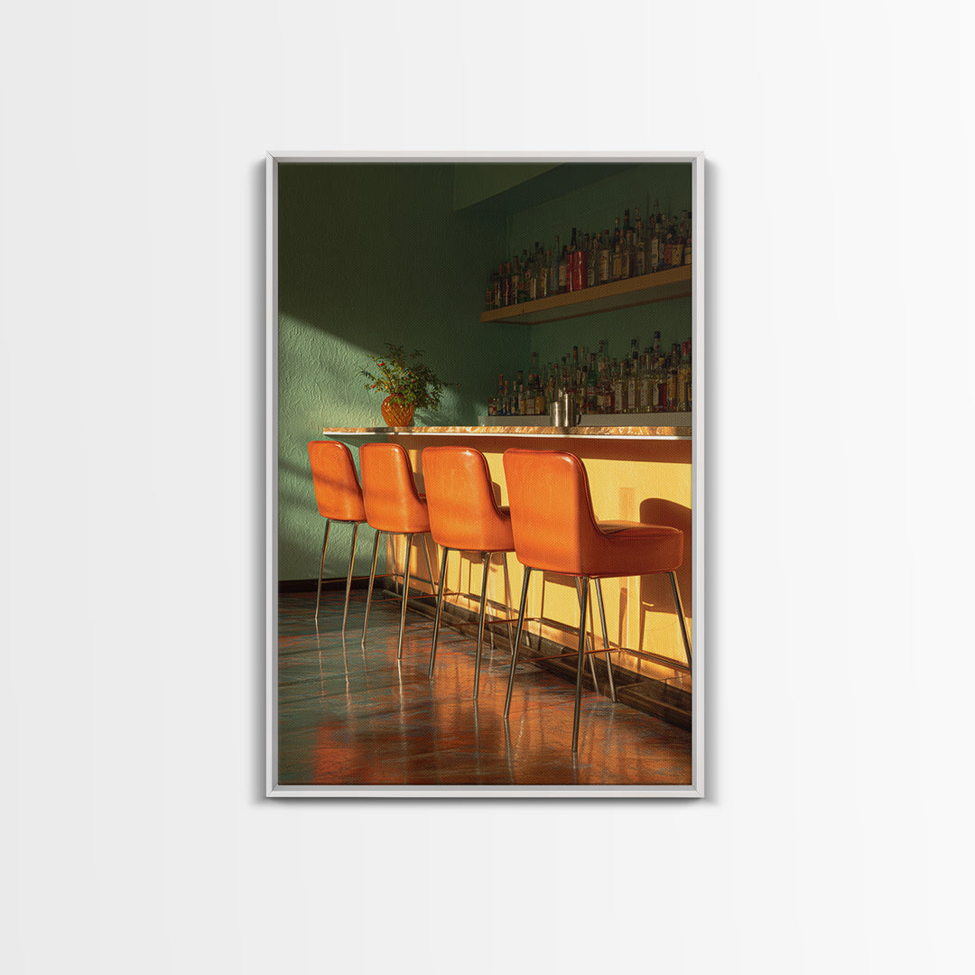 Green And Orange Sunlit Cocktail Bar With Stools Canvas Print, Midcentury Modern Wall Art, Retro Decor, Warm Lounge Poster