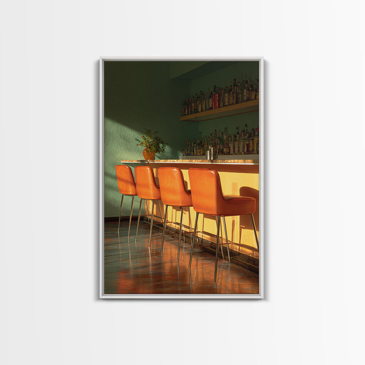 Green And Orange Sunlit Cocktail Bar With Stools Canvas Print, Midcentury Modern Wall Art, Retro Decor, Warm Lounge Poster