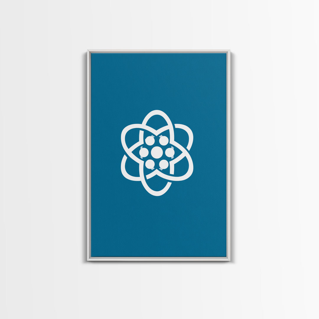 Minimal White Atomic Symbol On Teal Blue Wall Art, Midcentury Modern Space Poster, Geometric Art Print, Retro Office Decor