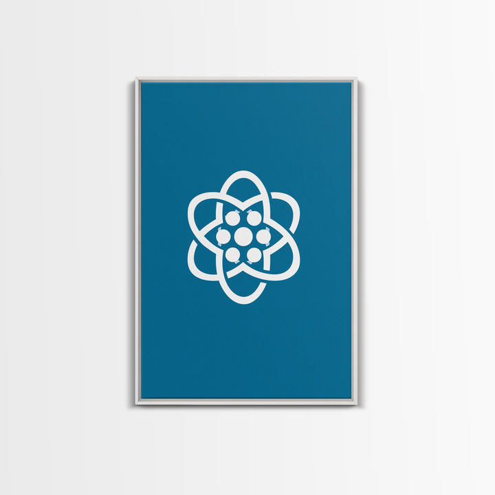 Minimal White Atomic Symbol On Teal Blue Wall Art, Midcentury Modern Space Poster, Geometric Art Print, Retro Office Decor