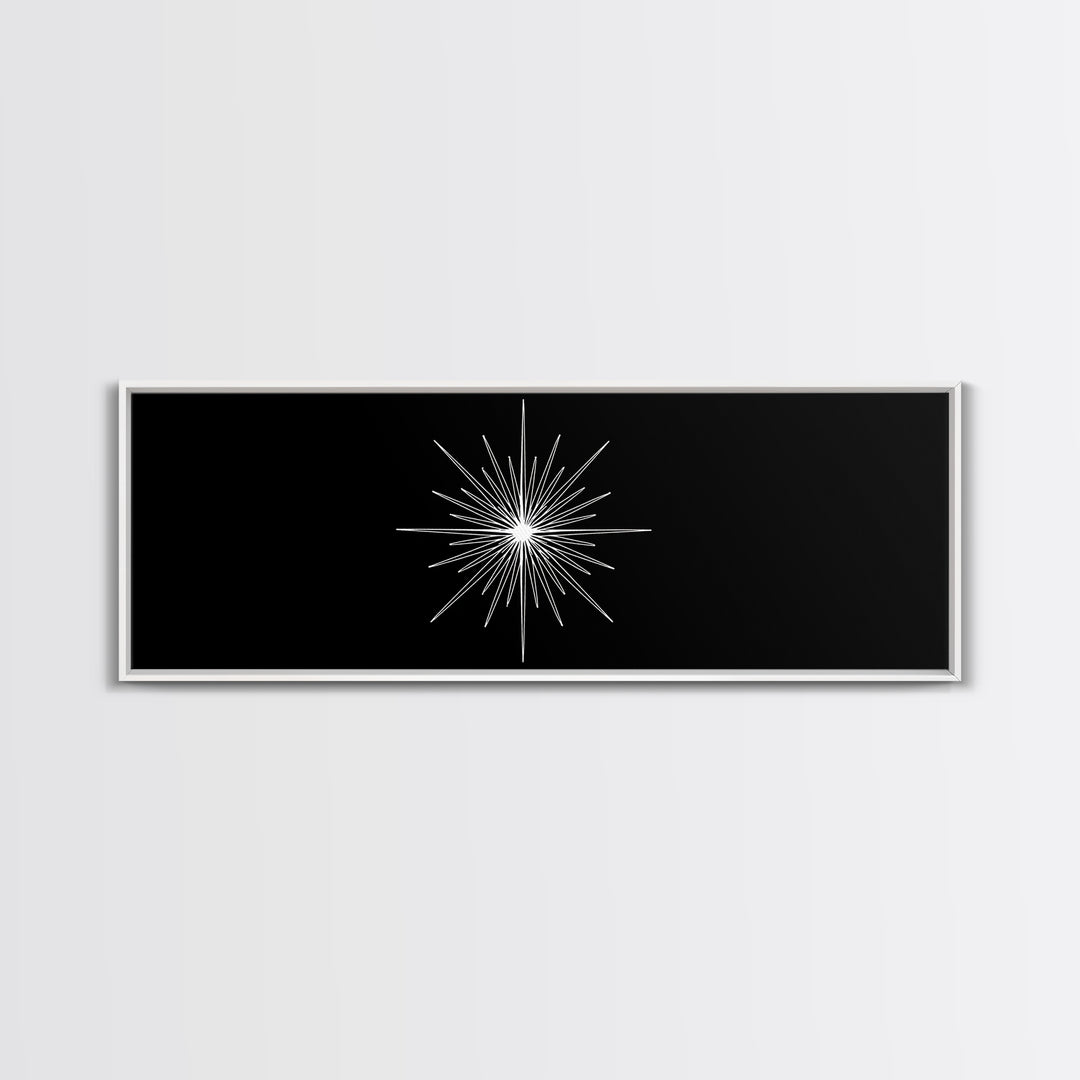 White Atomic Starburst On Black Wall Art, Mid Century Modern Decor, Retro Geometric Print, Minimalist MCM Wall Decor, Abstract Art
