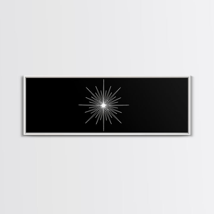 White Atomic Starburst On Black Wall Art, Mid Century Modern Decor, Retro Geometric Print, Minimalist MCM Wall Decor, Abstract Art