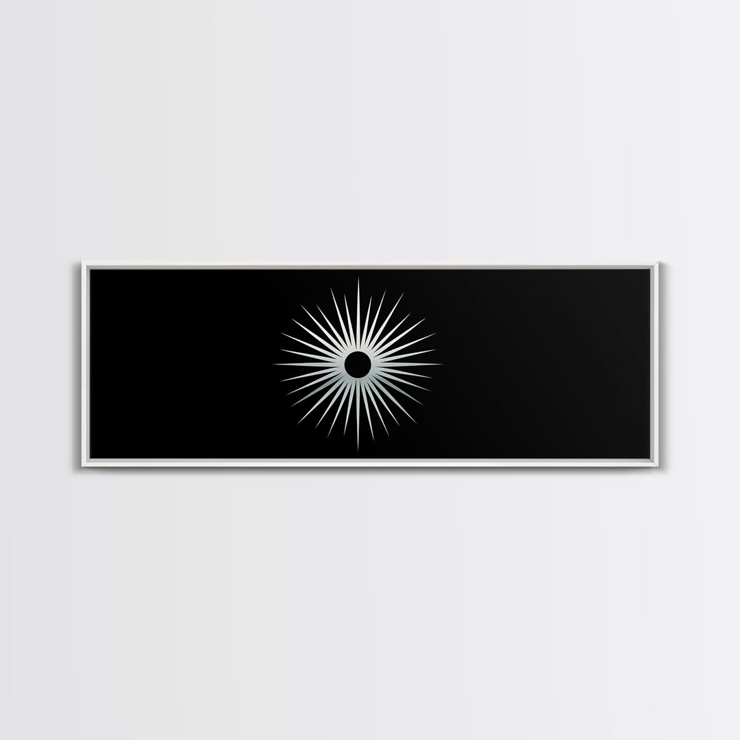 White Solar Eclipse Starburst Wall Art, Mid Century Modern Print, Black Retro Abstract Poster, Atomic MCM Wall Decor, Minimalist Art