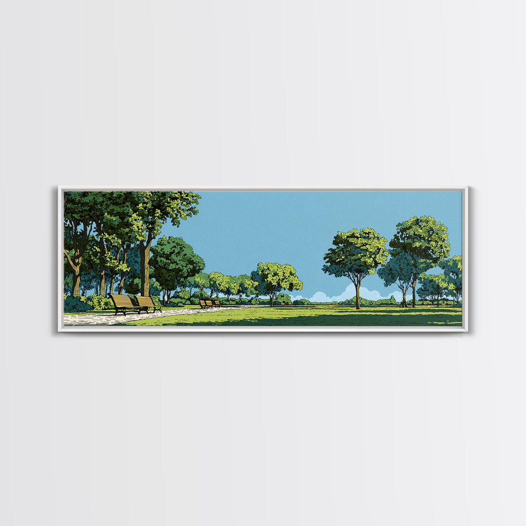 Sunny Green Park With Benches Wall Art, Mid Century Modern Landscape Print, Nature Wall Decor, Scenic Living Room Art, Office Decor