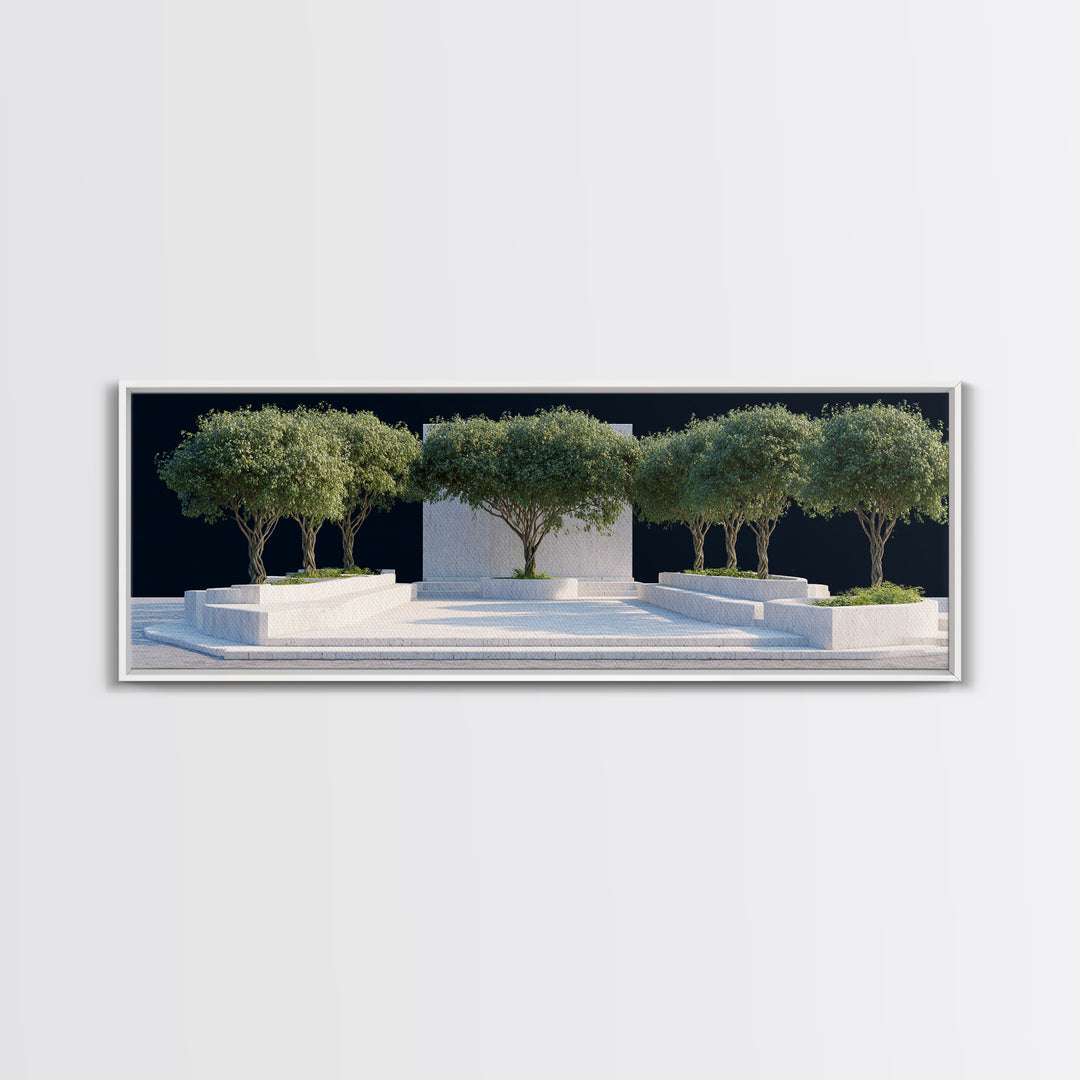 Mediterranean Olive Tree Courtyard Framed Canvas Print, Modern Wall Art, Architectural Landscape, Minimalist Home Decor Art