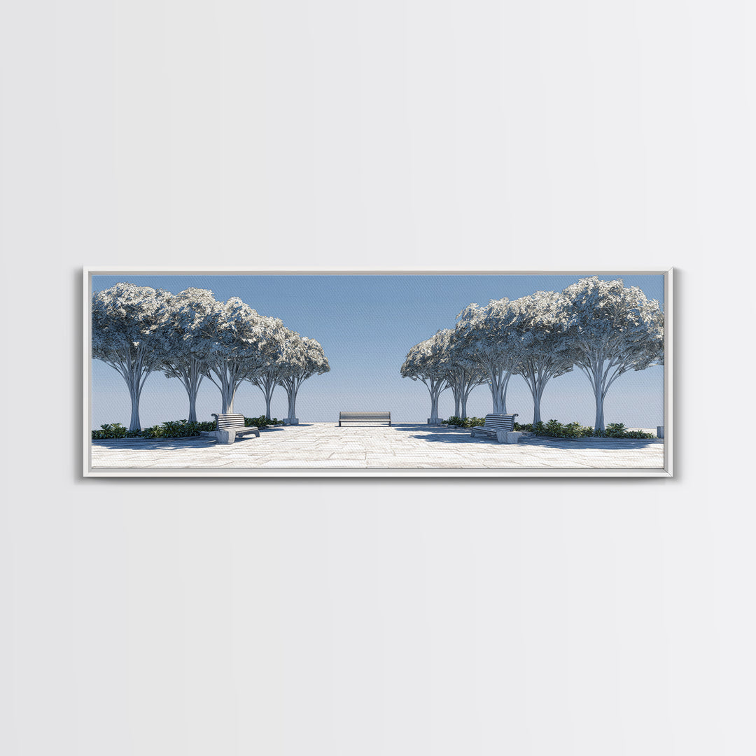Symmetrical Winter Tree Promenade Canvas Print, Modern Wall Art, Scandinavian Landscape, Blue White Minimalist Wall Decor