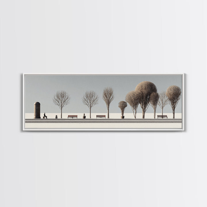 Minimal Winter Promenade With Bare Trees And Benches Wall Art, Modern Landscape Print, Scandinavian Decor, Office Art, Home Decor