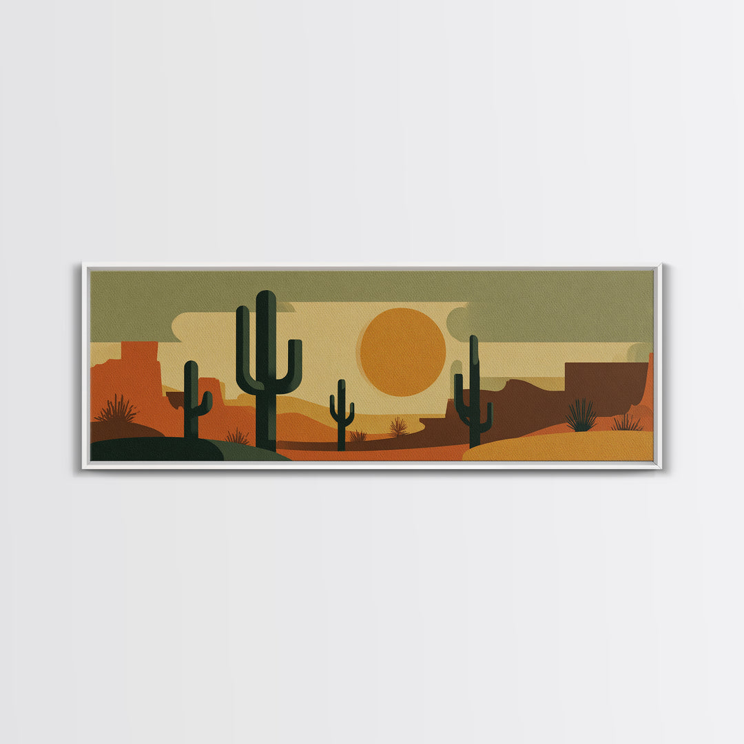 Retro Desert Cactus Scene With Orange Sun And Mesas Canvas Print, Mid Century Modern Wall Art, Southwest Decor Poster Print