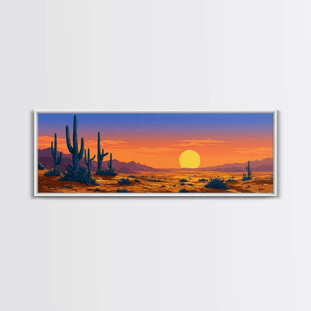 Vibrant Desert Sunset With Blue Cacti And Golden Sky Wall Art, Retro Art Print, Colorful Southwest Living Room Decor Poster