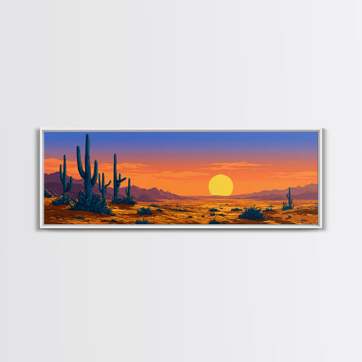 Vibrant Desert Sunset With Blue Cacti And Golden Sky Wall Art, Retro Art Print, Colorful Southwest Living Room Decor Poster