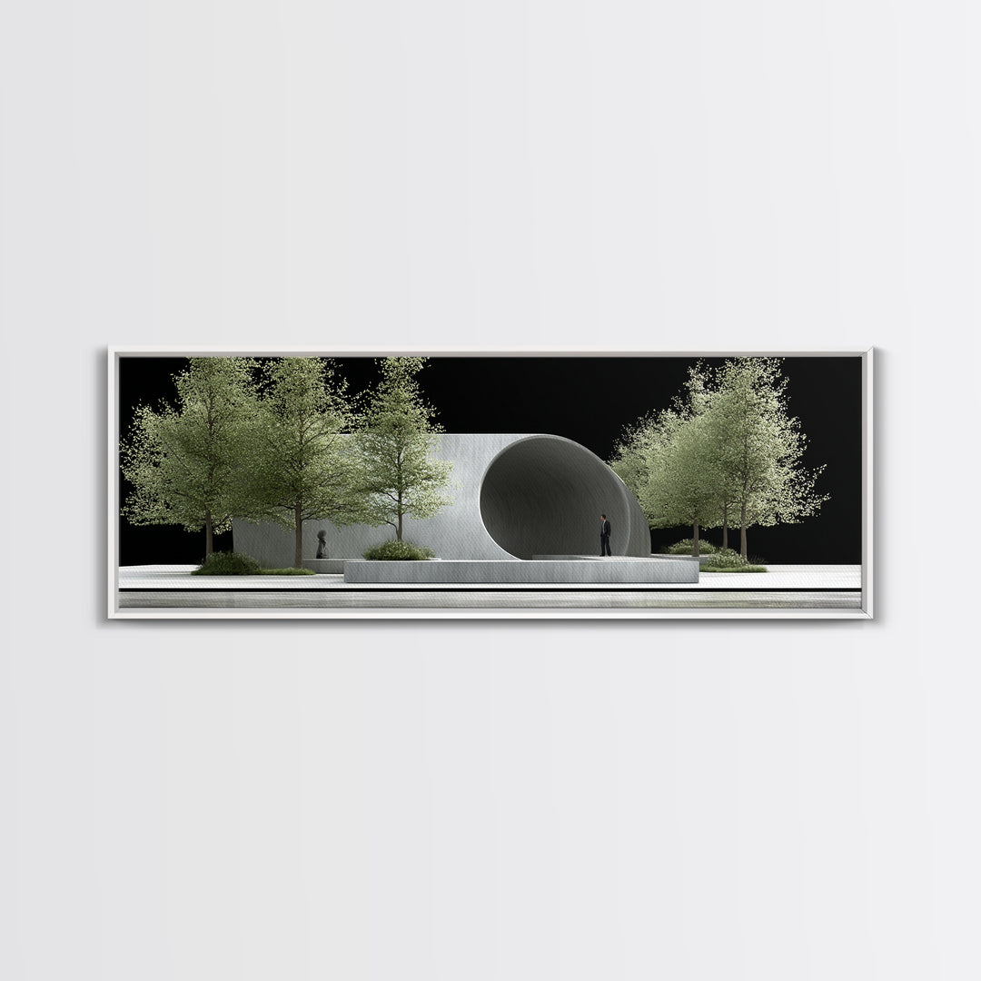 Concrete Circular Pavilion With Silver Trees And Black Sky Framed Canvas Print, Modern Architecture Wall Art, Office Decor