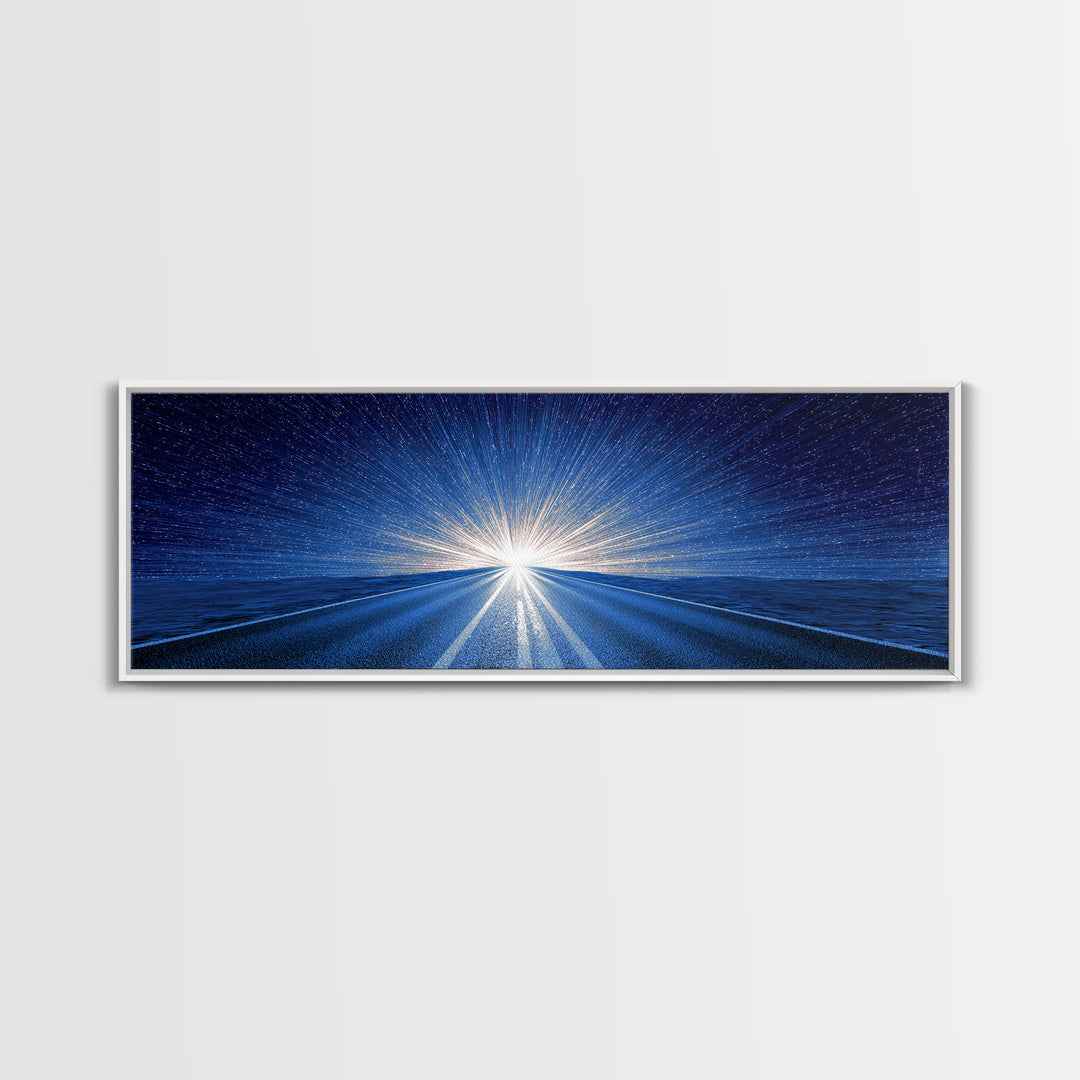 Starry Blue Highway Horizon Framed Canvas Print, Cosmic Retro Wall Art, Modern Digital Art, Space Abstract Decor For Living Room