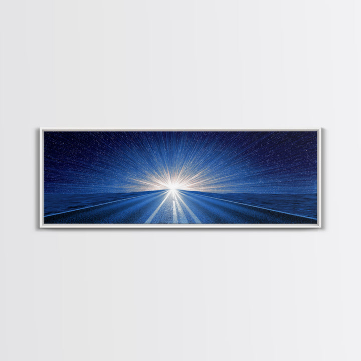 Starry Blue Highway Horizon Framed Canvas Print, Cosmic Retro Wall Art, Modern Digital Art, Space Abstract Decor For Living Room