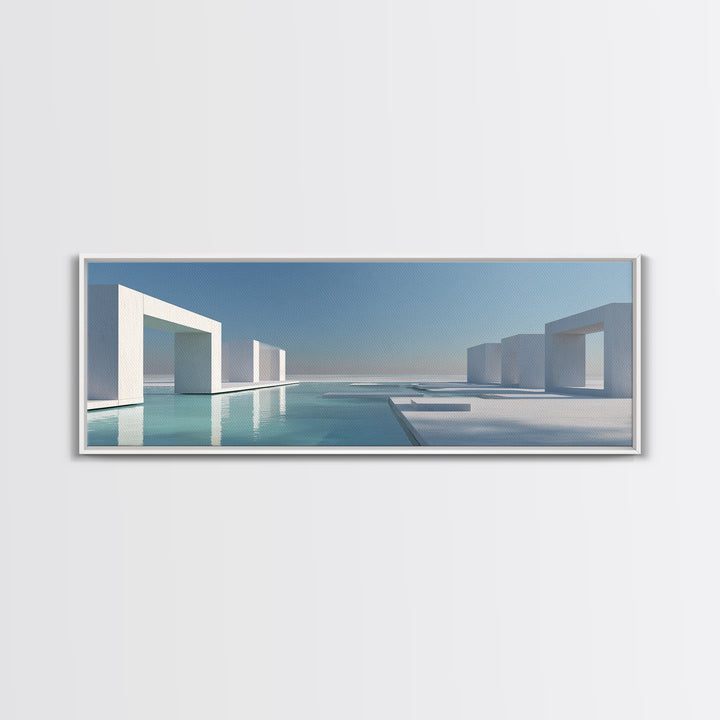 Minimal White Geometric Seaside Architecture With Blue Pool Wall Art, Modern Coastal Print, Luxury Home Decor, Office Art
