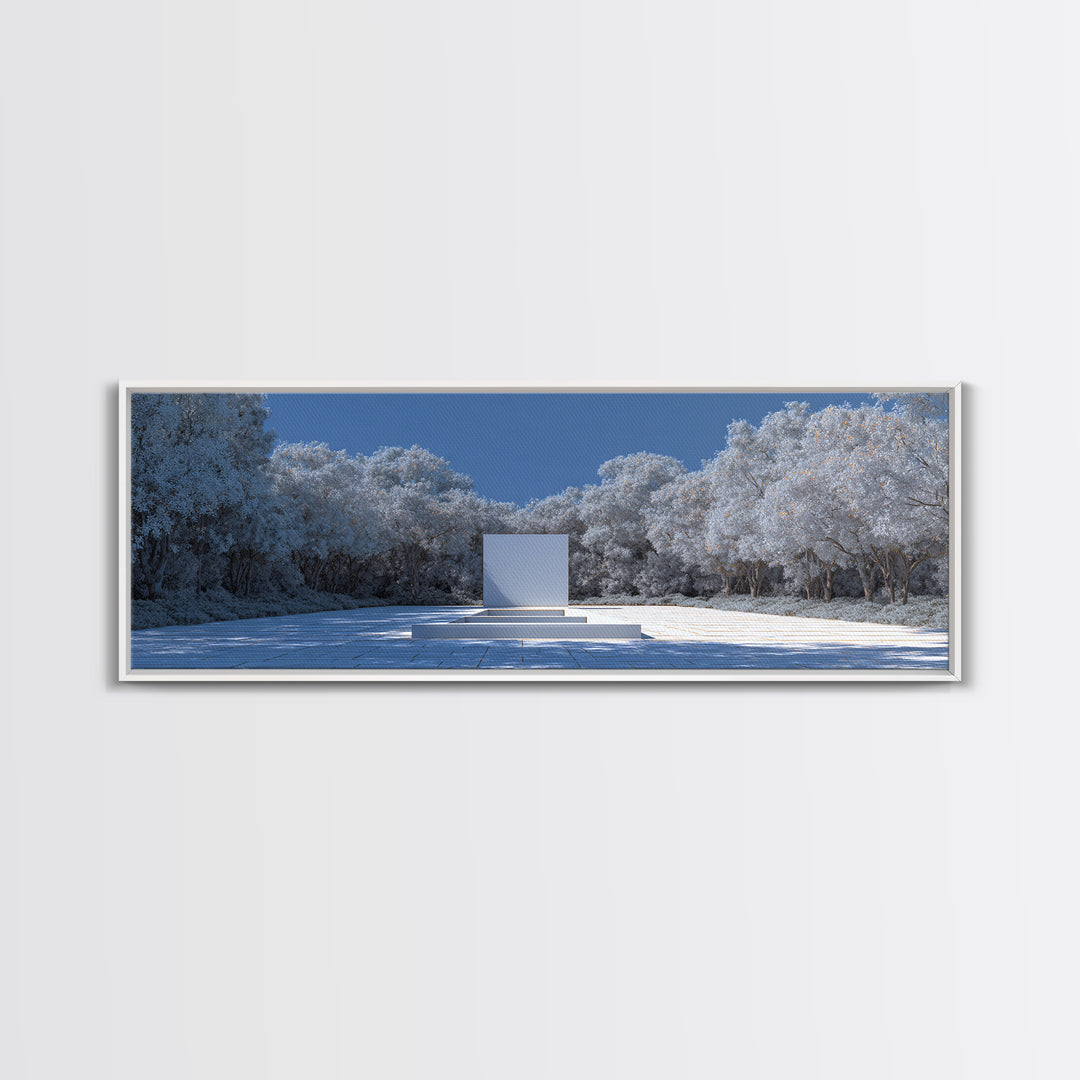 Snowy Minimal Monument Wall Art, Winter Forest Landscape Canvas, Blue White Modern Home Decor, Serene Scandinavian Print