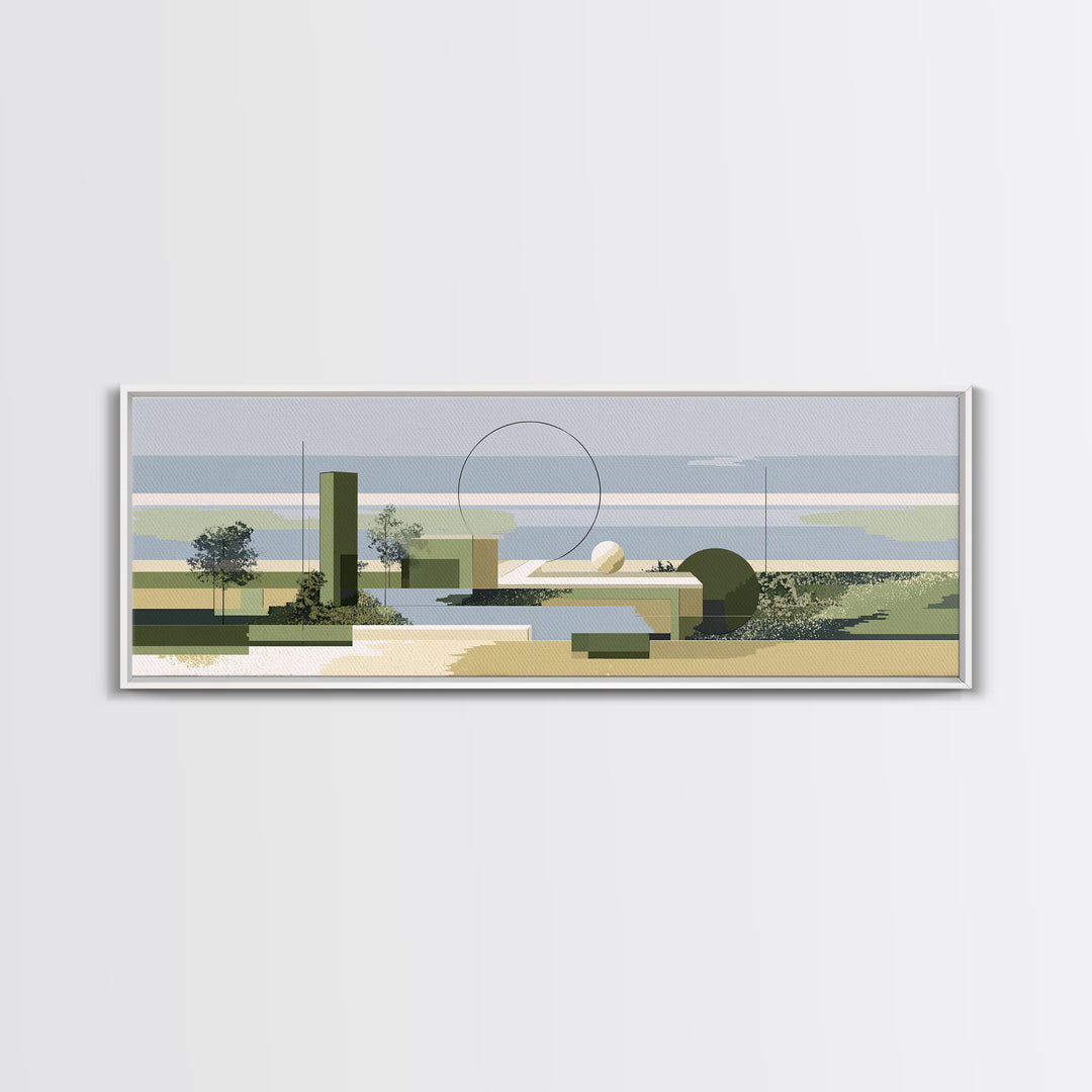 Midcentury Coastal Architecture Wall Art, Olive Green Geometric Landscape, Modern Abstract Decor, Minimalist Canvas Print