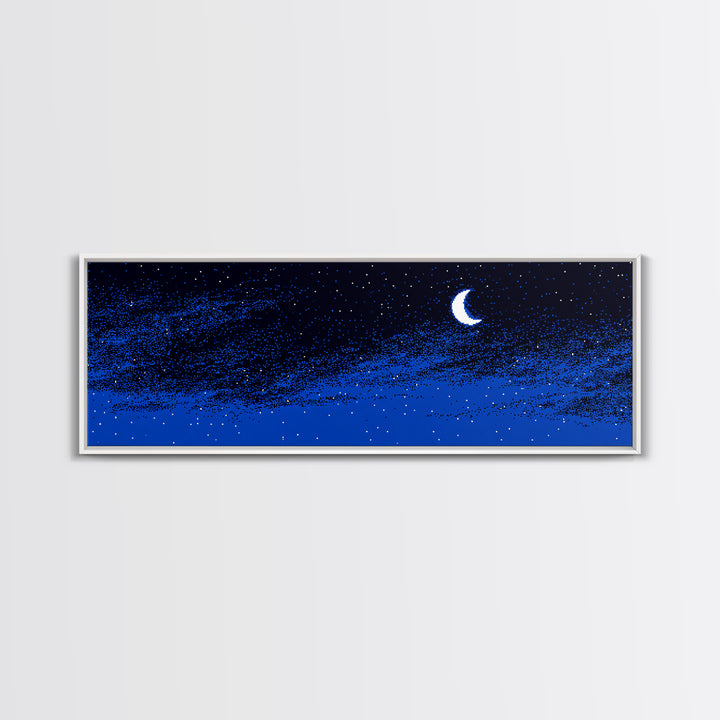 Blue Starry Crescent Moon Wall Art, Night Sky Celestial Canvas, Minimal Modern Decor, Boho Nursery Bedroom Art Print Gift