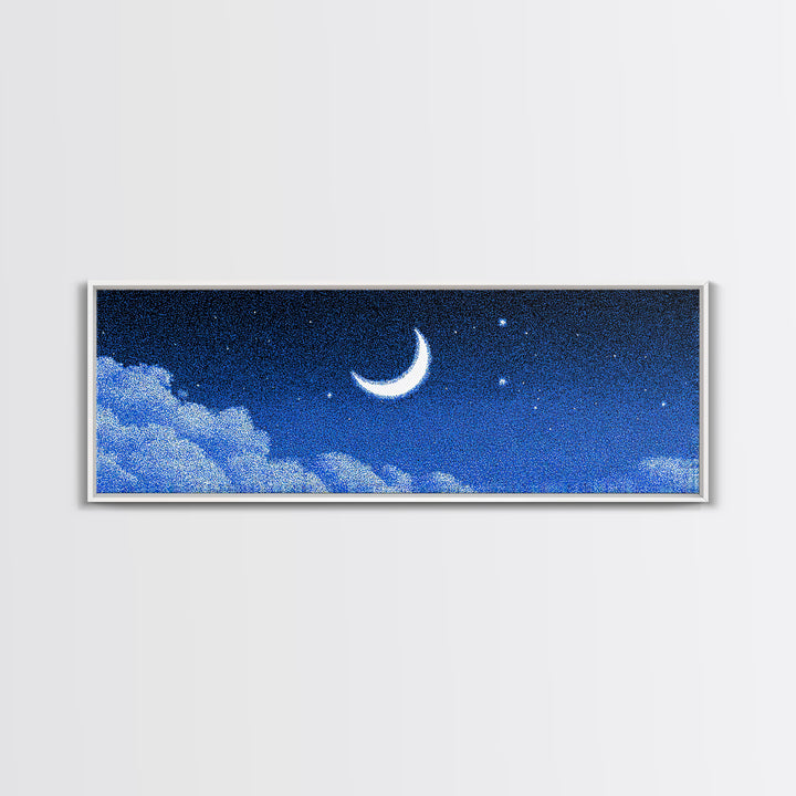 Glowing Crescent Moon And Cloud Wall Art, Blue Starry Sky Canvas, Mystical Celestial Decor, Boho Nursery Bedroom Art Print Gift