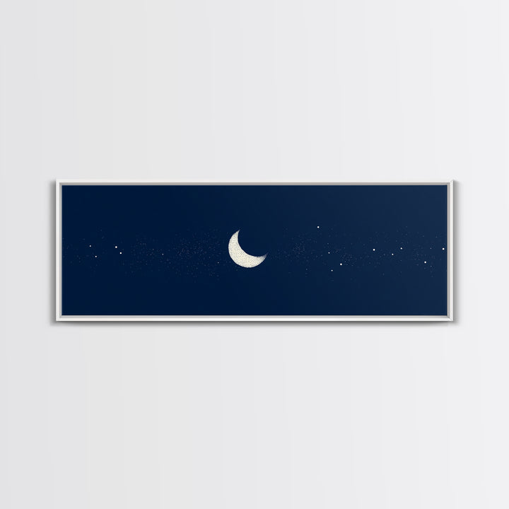 Minimal Navy Crescent Moon Wall Art, Tiny Star Night Sky Canvas, Scandinavian Modern Decor, Celestial Bedroom Art Print Gift