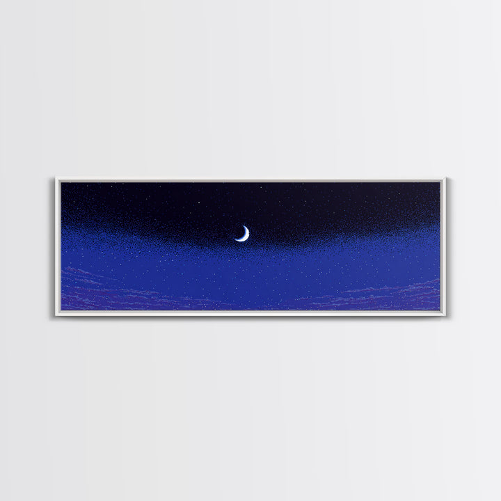 Purple Blue Crescent Moon Wall Art, Starry Horizon Night Sky Canvas, Cosmic Retro Decor, Boho Celestial Bedroom Art Print