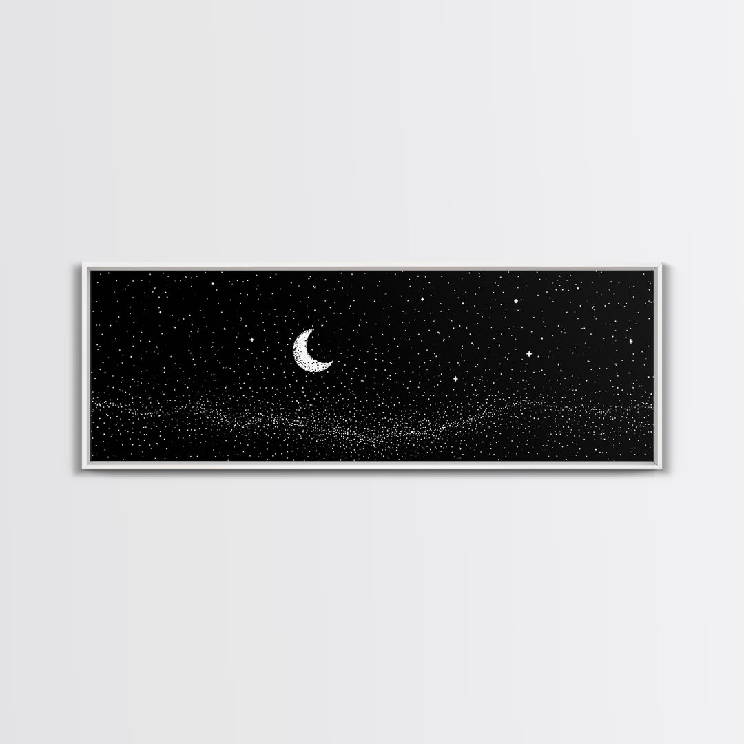 Black Starfield Crescent Moon Wall Art, White Stars Night Sky Canvas, Minimal Celestial Decor, Modern Bedroom Art Print Gift