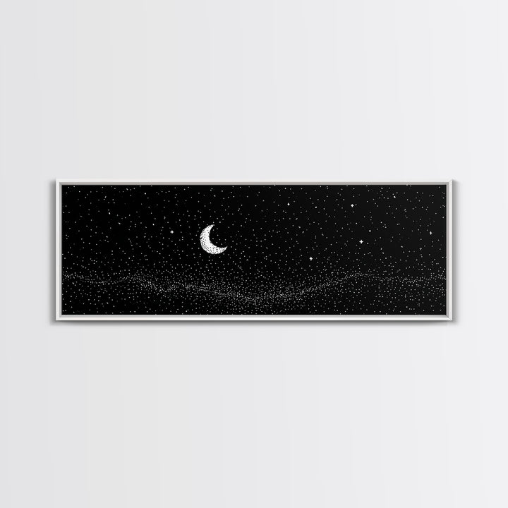 Black Starfield Crescent Moon Wall Art, White Stars Night Sky Canvas, Minimal Celestial Decor, Modern Bedroom Art Print Gift