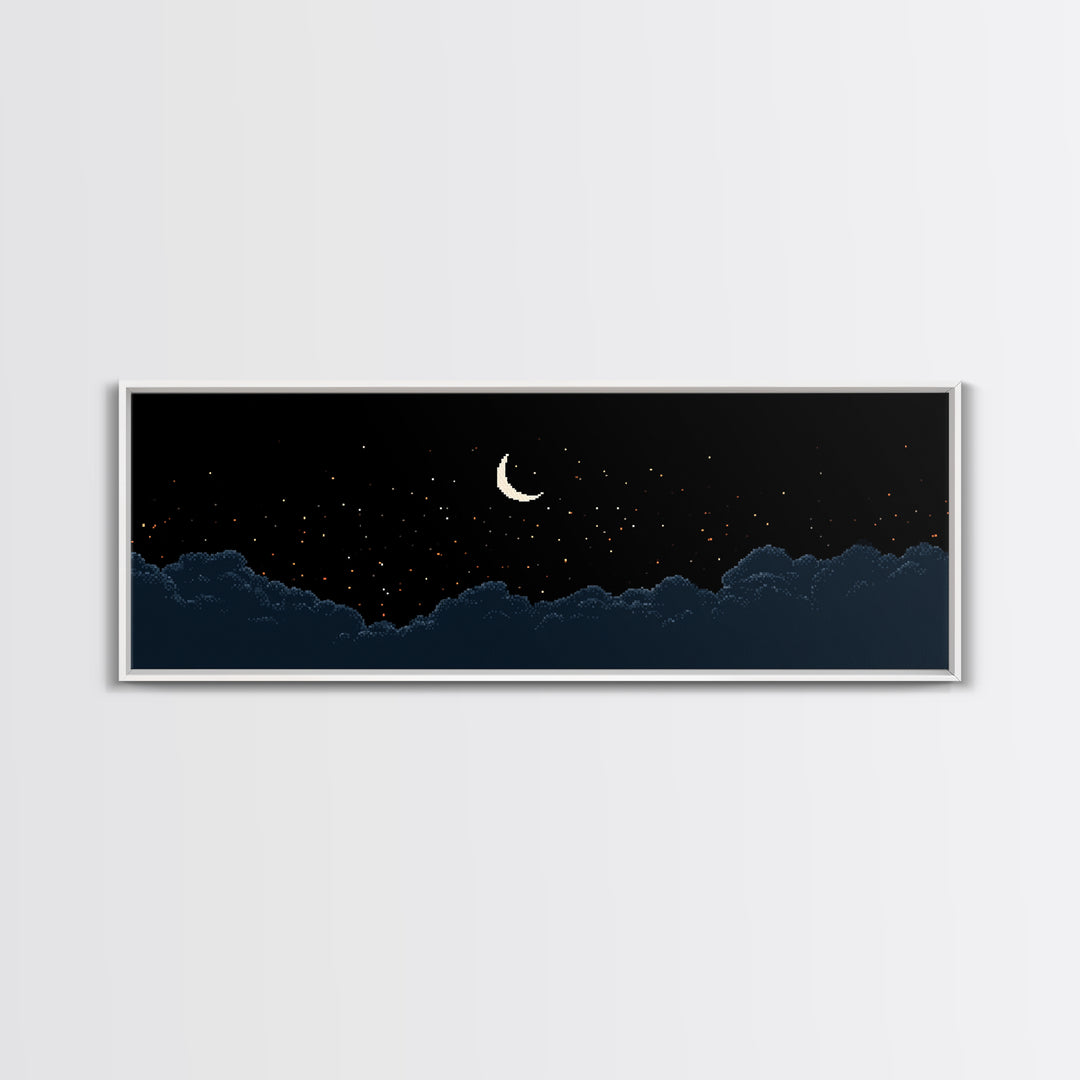 Crescent Moon Starry Night Clouds Wall Art, Pixel Landscape Print, Dark Blue Celestial Decor, Bedroom Office Poster Gift