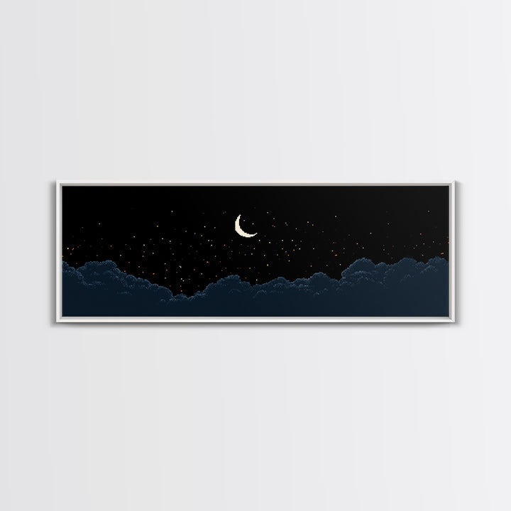 Crescent Moon Starry Night Clouds Wall Art, Pixel Landscape Print, Dark Blue Celestial Decor, Bedroom Office Poster Gift