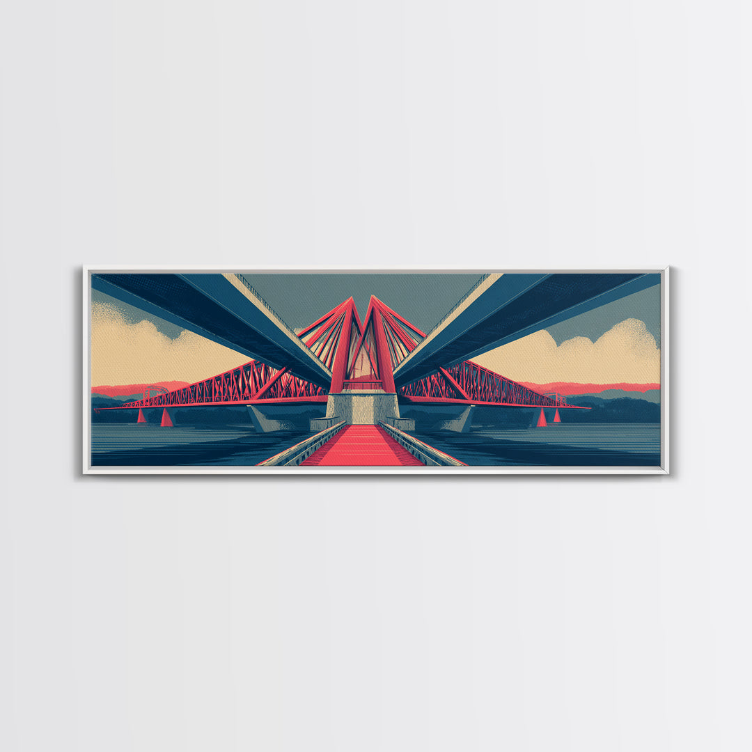 Red Suspension Bridge At Sunset Canvas Print, Midcentury Modern Wall Decor, Architectural Landscape, Retro Travel Poster