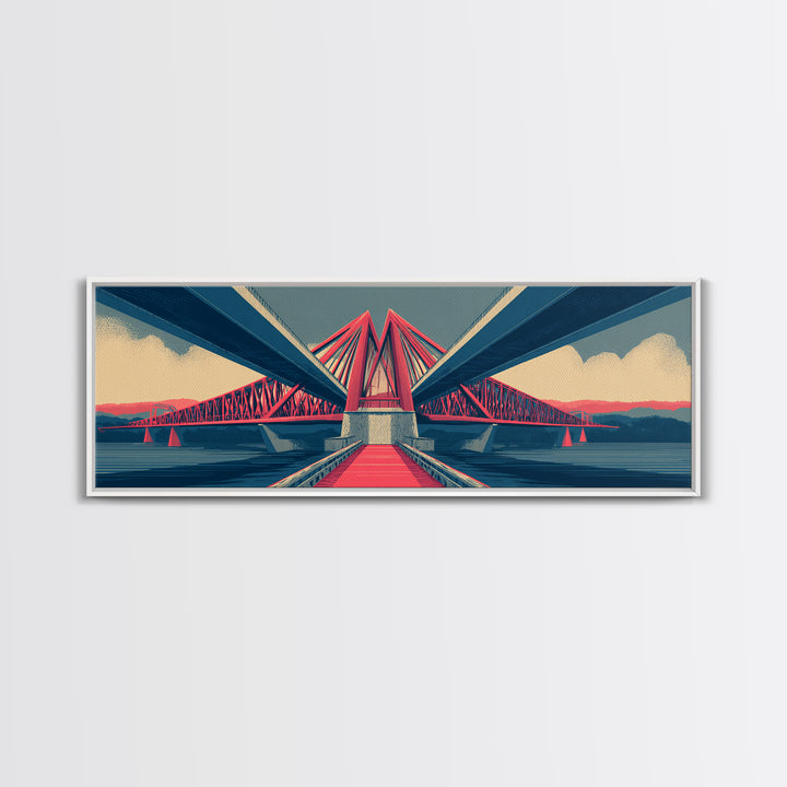 Red Suspension Bridge At Sunset Canvas Print, Midcentury Modern Wall Decor, Architectural Landscape, Retro Travel Poster