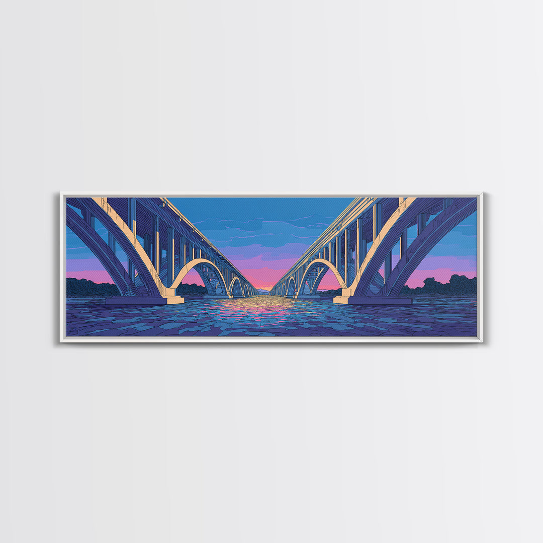 Blue Arch Bridge Sunset Wall Art, Panoramic River Cityscape Print, Modern Architectural Decor, Pink Purple Skyline Poster