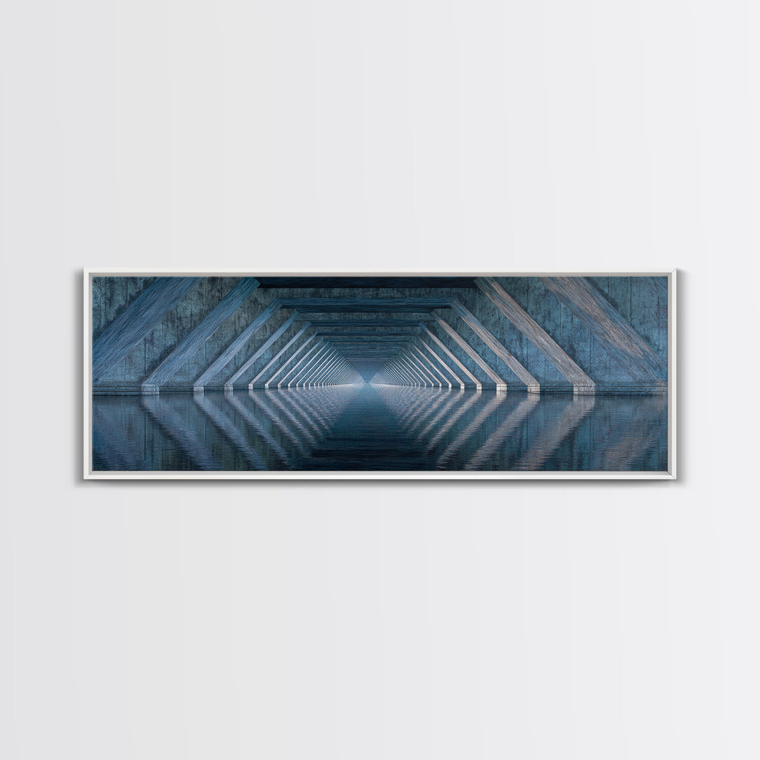 Concrete Underpass Reflections Framed Canvas Print, Geometric Bridge Wall Art, Blue Industrial Decor, Minimalist Poster Print