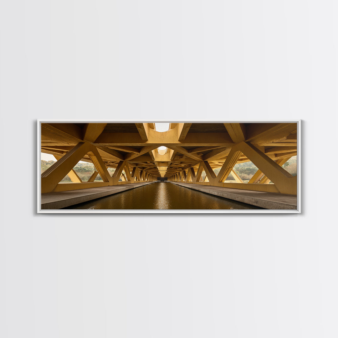 Golden Canal Under Bridge Canvas Print, Symmetrical Architecture Wall Art, Warm Industrial Decor, Modern Perspective Poster