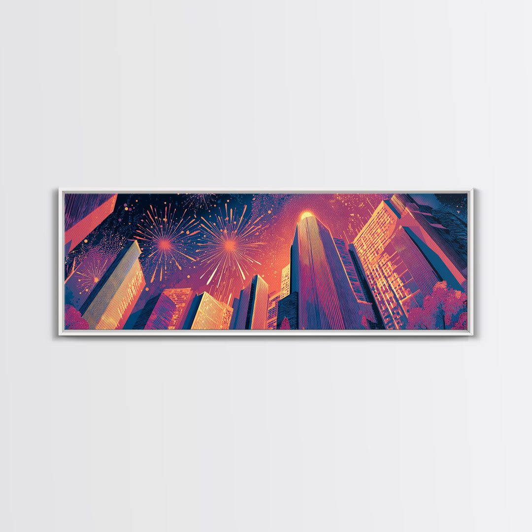 Fireworks Over Skyscrapers Canvas Print, Neon City Night Wall Art, Retro Futuristic Urban Decor, Bold Architecture Poster