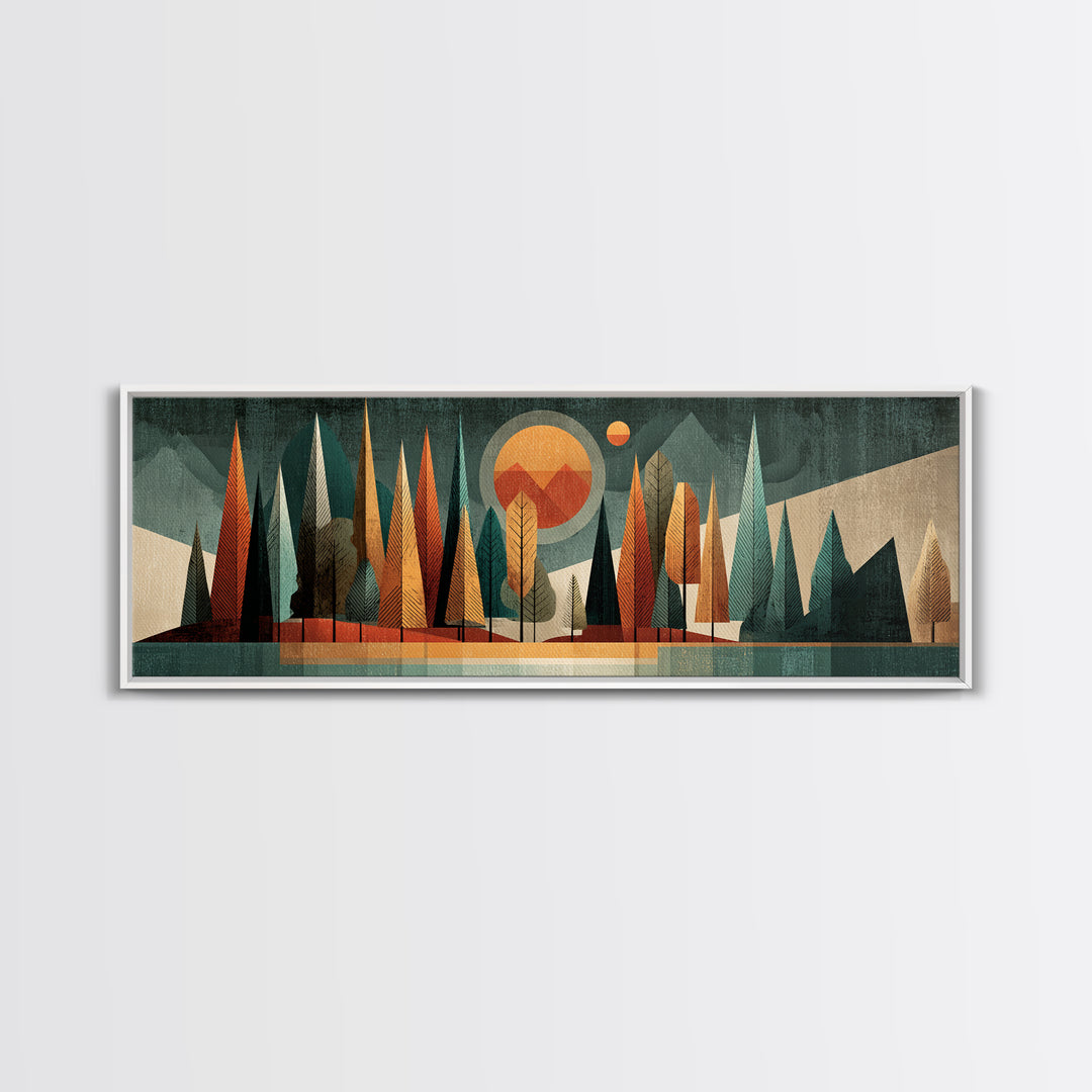 Textured Midcentury Forest Sun Wall Art, Orange Teal Landscape, Atomic Modern Art Print, Retro Home Decor For Living Room