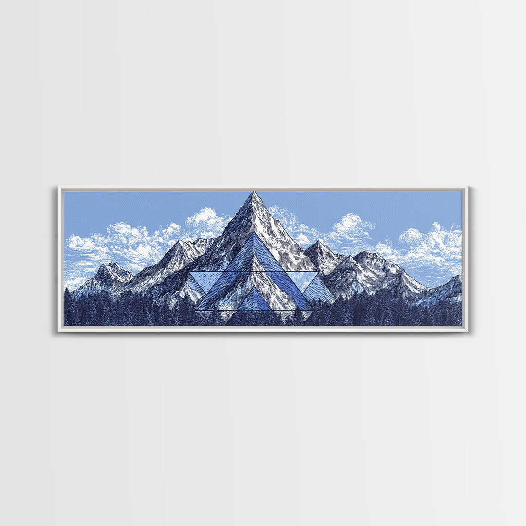 Snowy Alpine Mountain Sketch Wall Art, Blue White Landscape Print, Modern Geometric Poster, Office And Living Room Decor