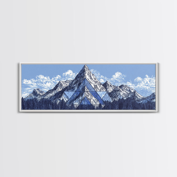 Snowy Alpine Mountain Sketch Wall Art, Blue White Landscape Print, Modern Geometric Poster, Office And Living Room Decor