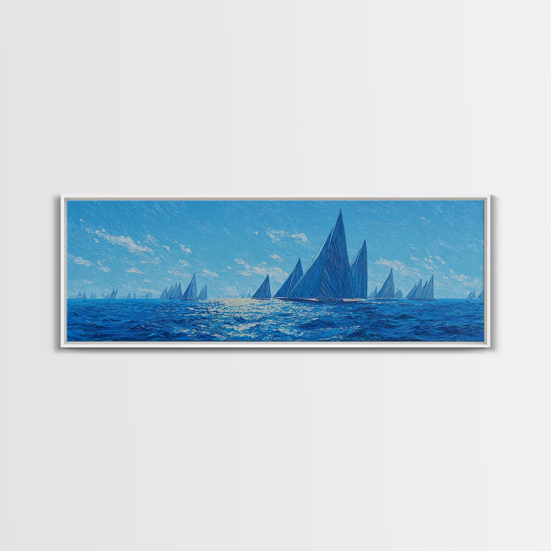Deep Blue Sailboat Horizon Framed Canvas Print, Coastal Wall Art, Nautical Ocean Decor, Modern Landscape Poster For Office