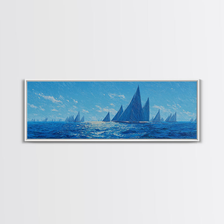 Deep Blue Sailboat Horizon Framed Canvas Print, Coastal Wall Art, Nautical Ocean Decor, Modern Landscape Poster For Office