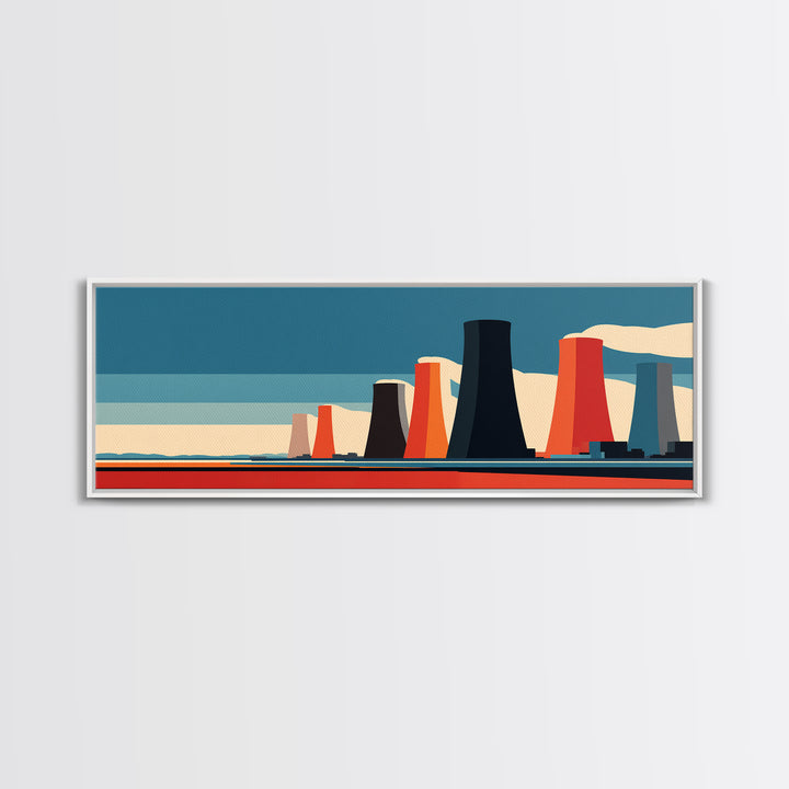 Retro Nuclear Cooling Towers At Desert Horizon Wall Art, Midcentury Modern Industrial Landscape, Bold Orange Blue MCM Decor