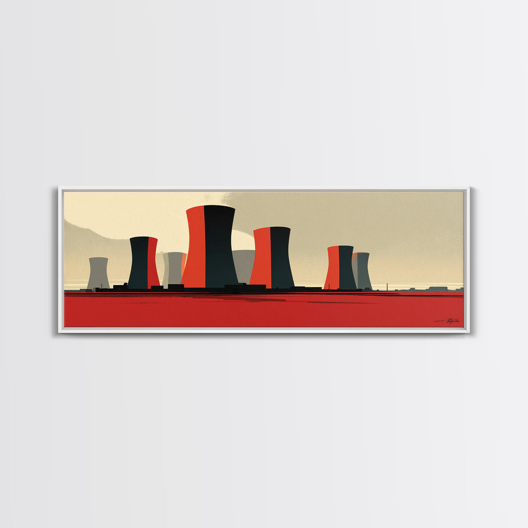 Minimal Cooling Towers On Red Plain Canvas Print, Midcentury Modern Industrial Landscape, Atomic Power Plant Wall Decor Art