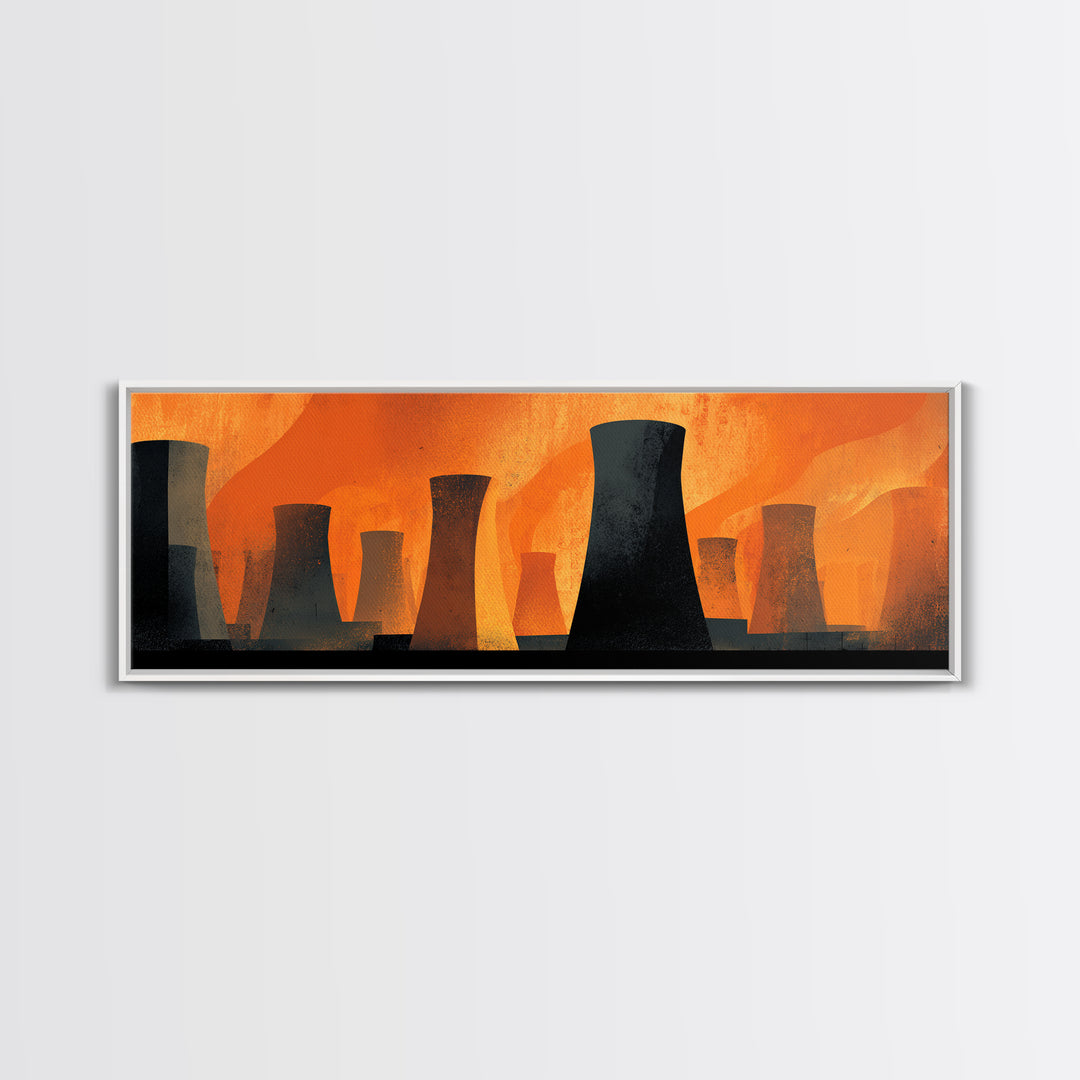 Black Cooling Tower Silhouettes In Orange Heat Canvas Print, Midcentury Modern Industrial Wall Art, Bold Atomic Decor Poster
