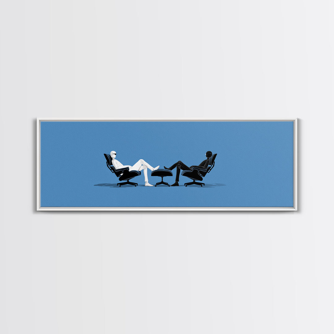 Two Minimal Figures In Lounge Chairs Wall Art, Midcentury Modern Therapy Office Decor, Blue Retro Abstract Art Print Poster