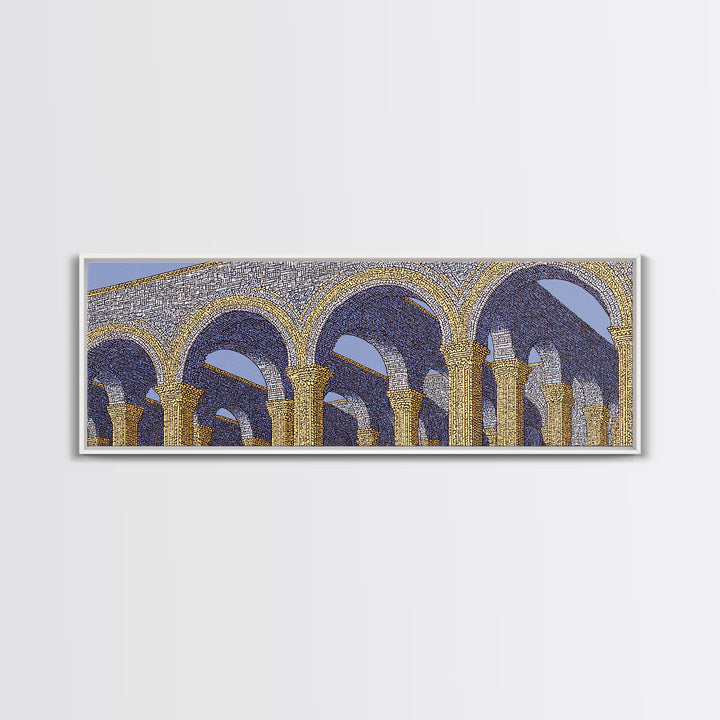 Golden Blue Moorish Arches Framed Canvas Print, Architectural Wall Art, Mediterranean Decor, Elegant Colonnade Poster Gift