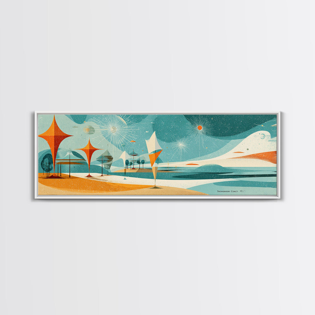 Retro Abstract Beach Waves Canvas Print, Atomic Coastal Wall Art, Midcentury Modern Decor, Orange Teal Poster For Beach House