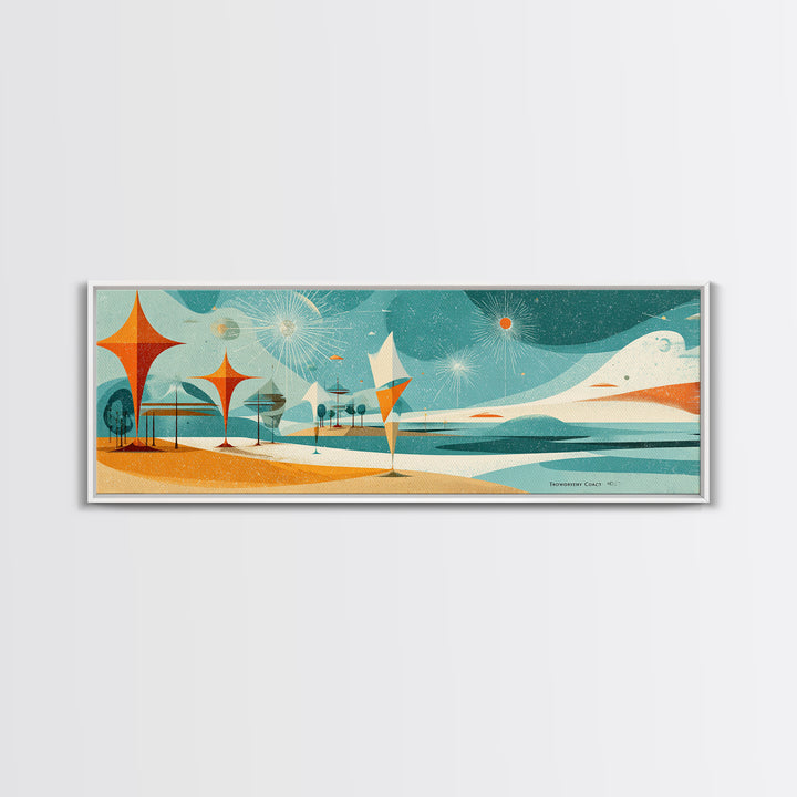 Retro Abstract Beach Waves Canvas Print, Atomic Coastal Wall Art, Midcentury Modern Decor, Orange Teal Poster For Beach House